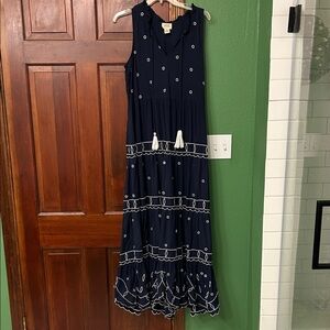 Dark Blue Maxi Dress with White Embroidery